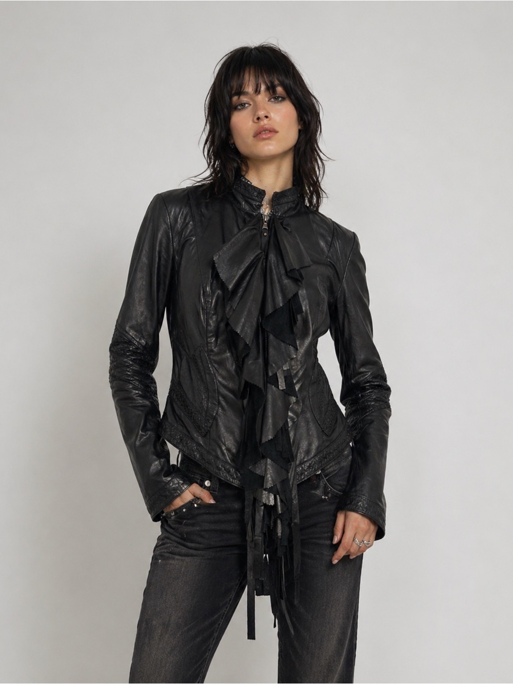 Pasha Veneto Ruffle and fringe genuine leather jacket